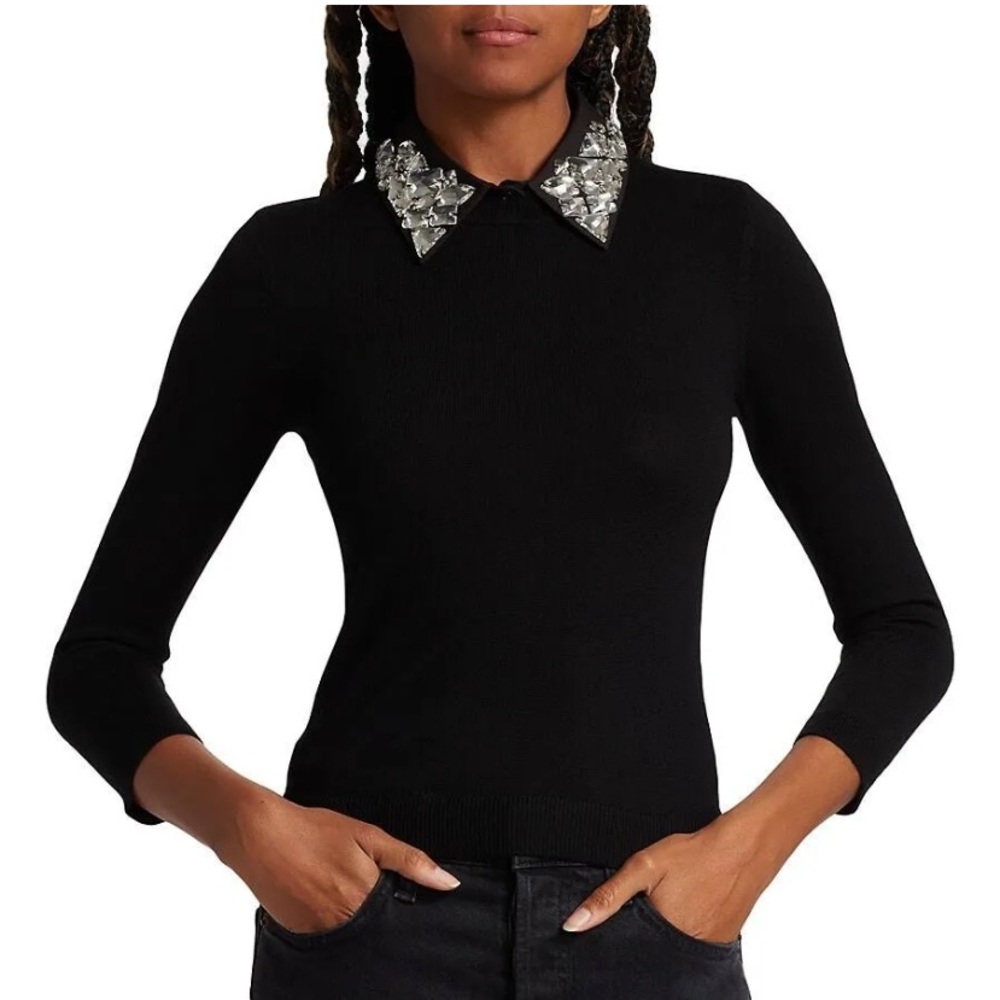 ALICE + OLIVIA PORLA EMBELLISHED COLLARED SWEATER IN BLACK SIZE XS.